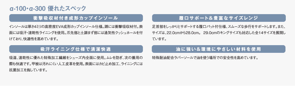 α-100・α-300 優れたスペック／衝撃吸収剤付き成形カップインソール／履口サポート＆豊富なサイズレンジ／吸汗ライニング仕様で清潔快適／油に強い＆環境に優しい材料を使用